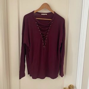 Burgundy lace up knit long sleeve shirt from express
